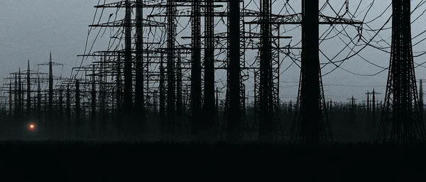 High Voltage Pylons in a Misty Landscape