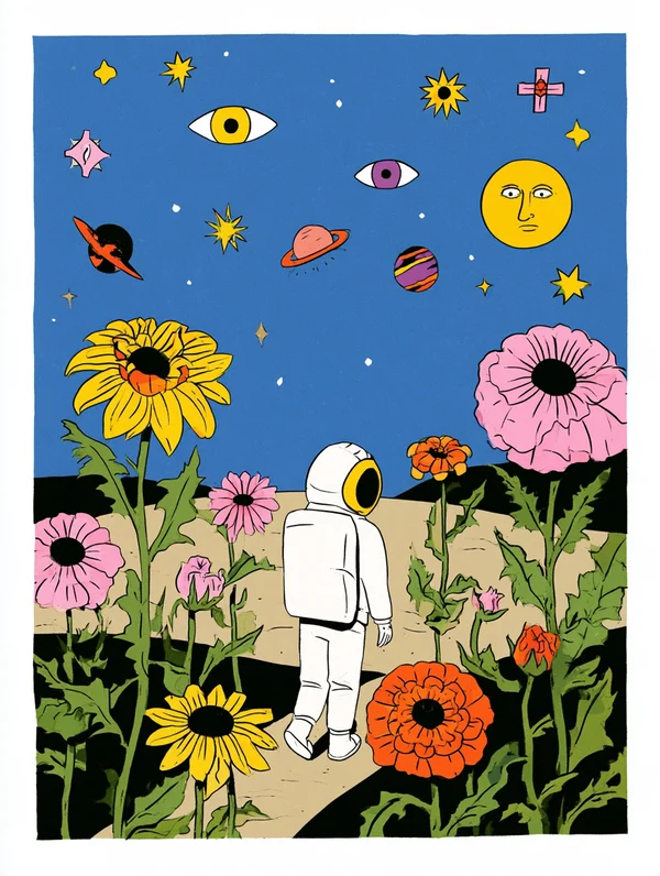 Astronaut Walking Through a Surreal Flower Garden
