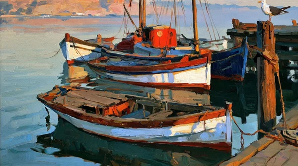 Wooden Fishing Boats Moored at a Quiet Harbor