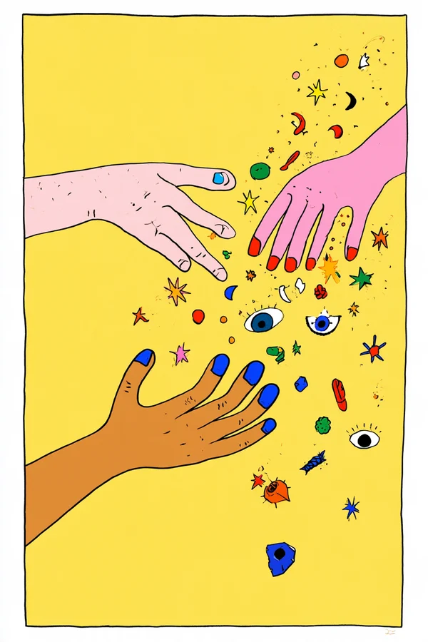 Hands Reaching Amidst Celestial Symbols