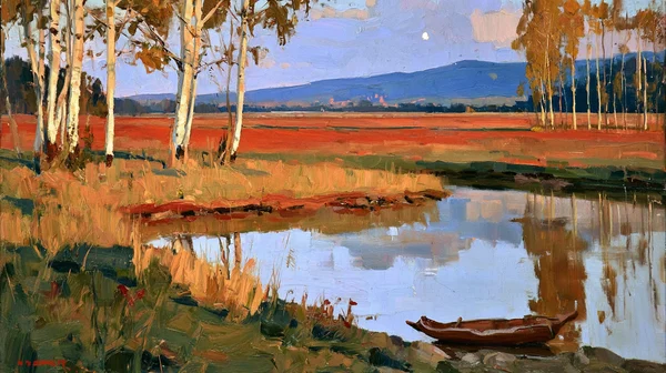 Autumn Landscape with Birch Trees and Boat