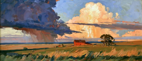 Stormy Prairie Landscape with Red Barn