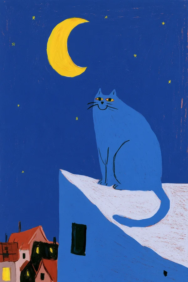 Blue Cat Sitting on a Rooftop Under the Moon