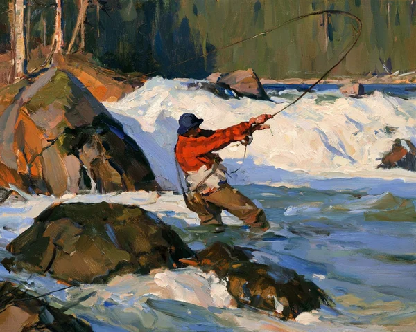 Fisherman Casting in a Rushing Mountain River