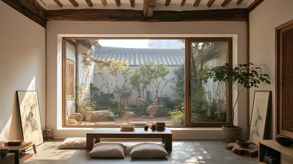 Serene Living Room with Courtyard View