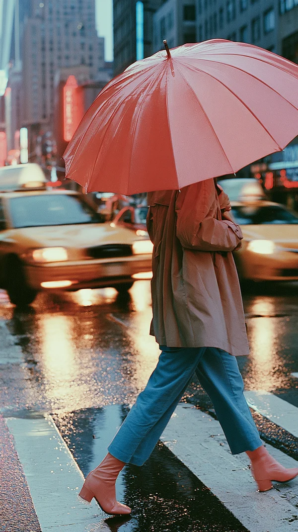 Person Walking Across a Rainy City Street
