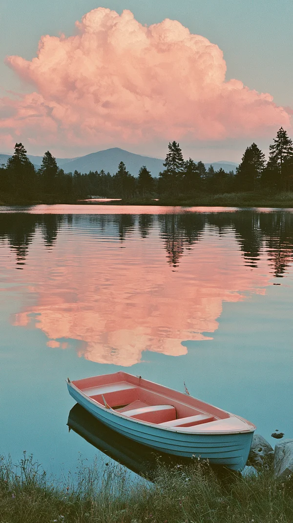 A Peaceful Rowboat on a Calm Mountain Lake