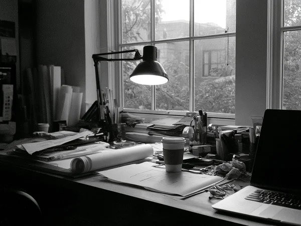 A Cluttered Creative Workspace by the Window